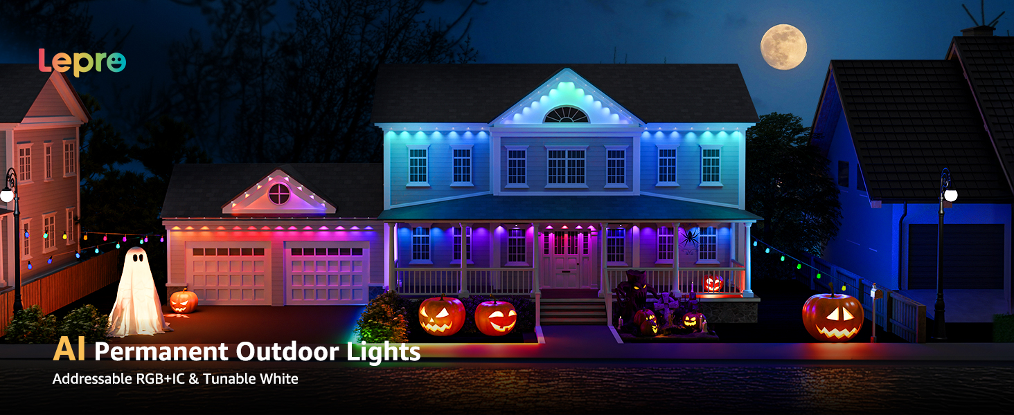 Nighttime scene of houses decorated with colorful outdoor lights. Jack-o'-lanterns visible, suggesting Halloween theme. Text overlay mentions 'AI Permanent Outdoor Lights'.