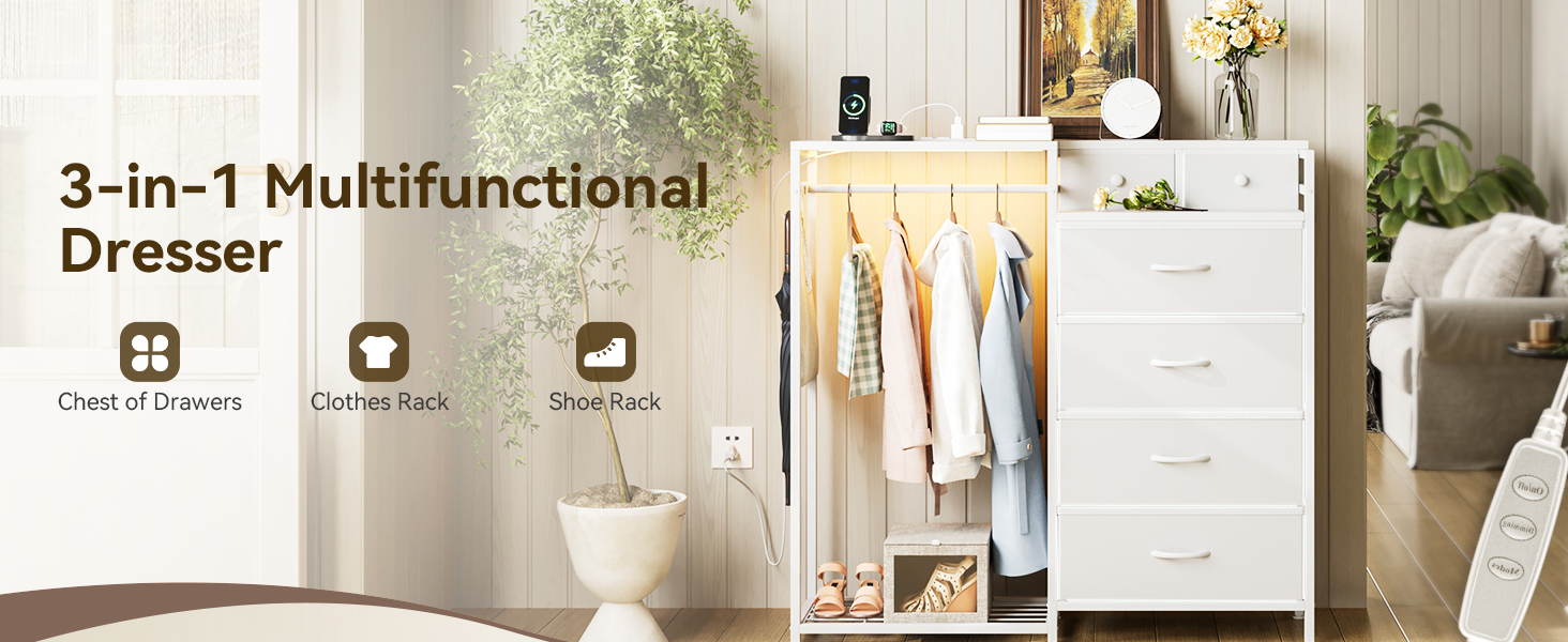 KKL 3-in-1 Multifunctional Dresser with Clothes Hanging Rack