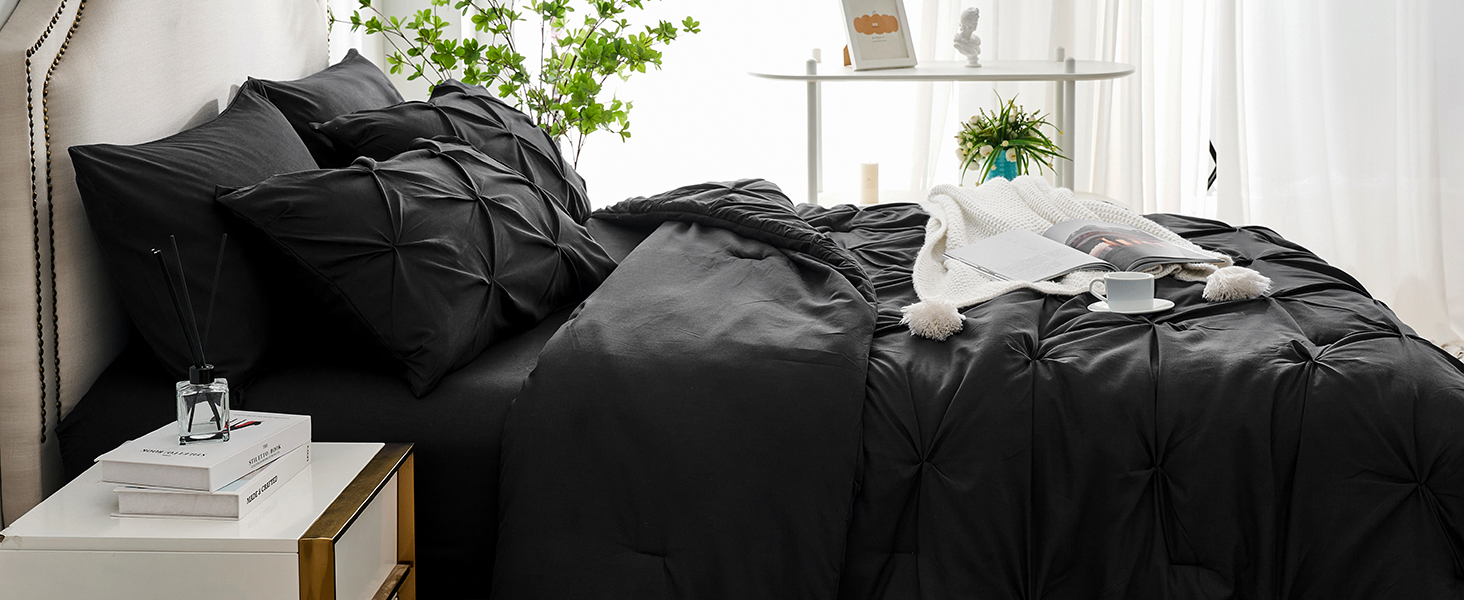 black comforter set black bed in a bag