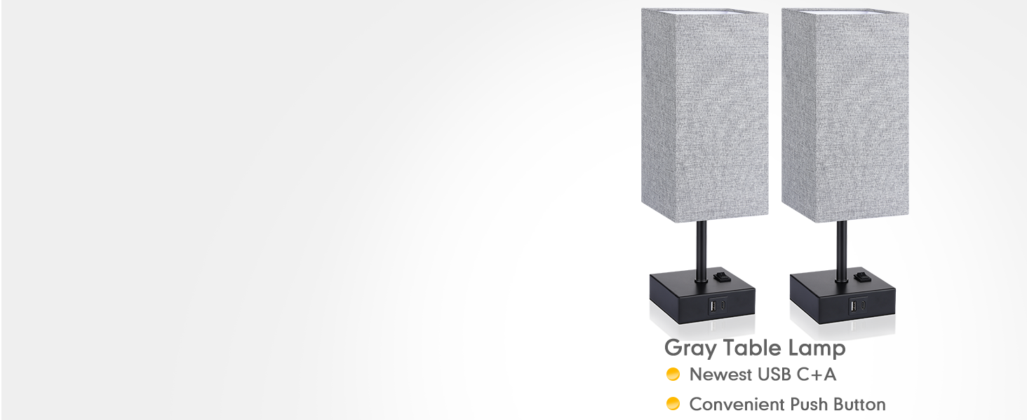 2-pack gray table lamp with usb a and usb c charging ports