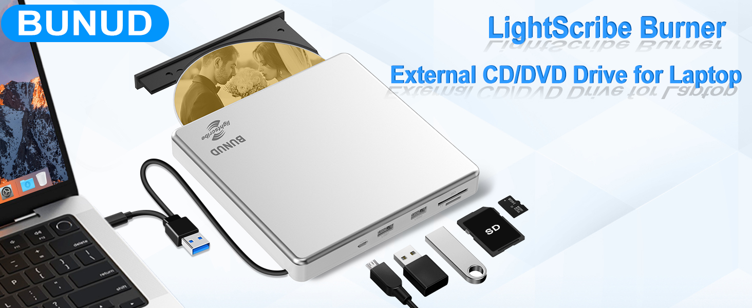 BUNUD lightscribe external dvd drive laptop burner reader