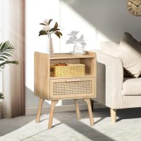 Lerliuo Rattan Nightstands Set of 2, Boho Side Table with Drawer Open Shelf, Cane Accent Bedside End Table with Solid Wood Legs for Bedroom, Dorm and Small Spaces (Natural) - Image 2