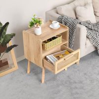 Lerliuo Rattan Nightstands Set of 2, Boho Side Table with Drawer Open Shelf, Cane Accent Bedside End Table with Solid Wood Legs for Bedroom, Dorm and Small Spaces (Natural) - Image 7