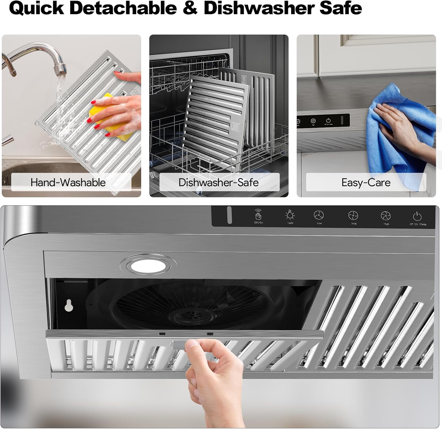 Range Hood 42 Inch Under Cabinet, 980CFM Fast Venting Ducted, Kitchen Hood With 3 Speed Gesture Sensing & Touch Control, Stainless Steel Stove Hood With LED Light And 2 Baffle Filters - Image 6