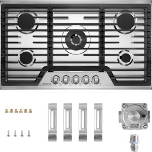 Empava 36-Inch Gas Stove Cooktop with 5 Italy SABAF Sealed Burner NG/LPG Convertible in Stainless Steel, 36 Inch