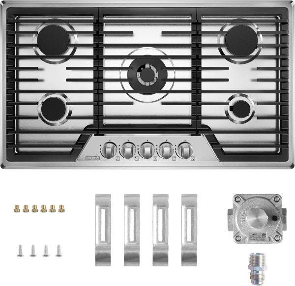 Empava 36-Inch Gas Stove Cooktop with 5 Italy SABAF Sealed Burner NG/LPG Convertible in Stainless Steel, 36 Inch
