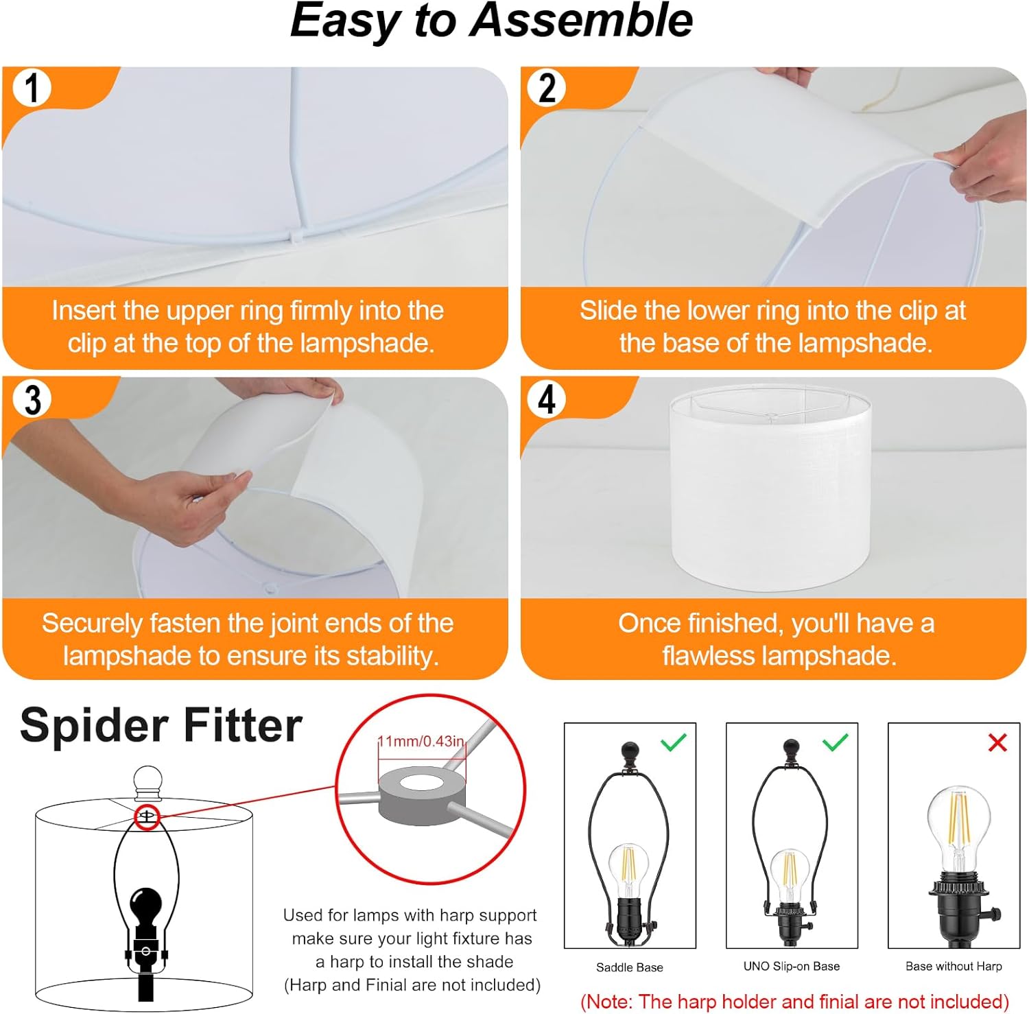 White Linen Lamp Shade,Drum lamp shade for table lamps 13" Top x 13" Bottom x 10" High,Replacement Large Fabric Lampshade for Floor Lamps and Bedside Lamps, Easy Assembly Required(Spider Fitter) - Image 6