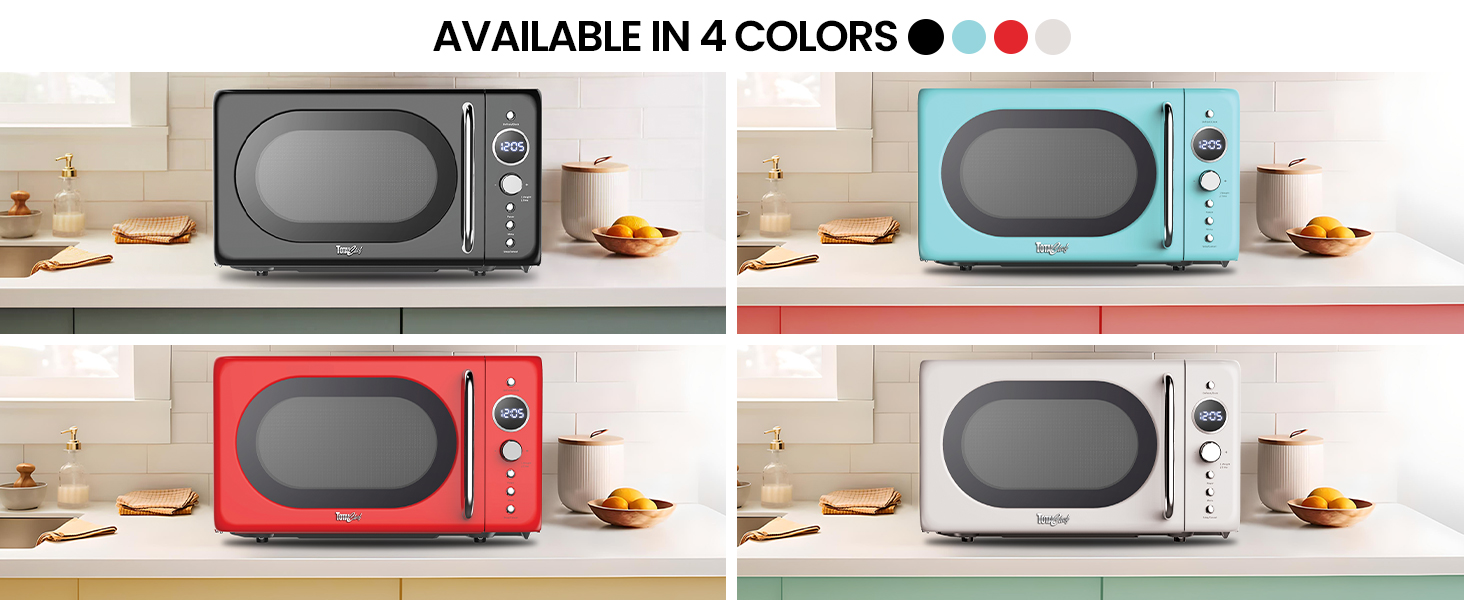 Three images show the Total Chef retro microwave in red, Cream, and blue finishes on a counter