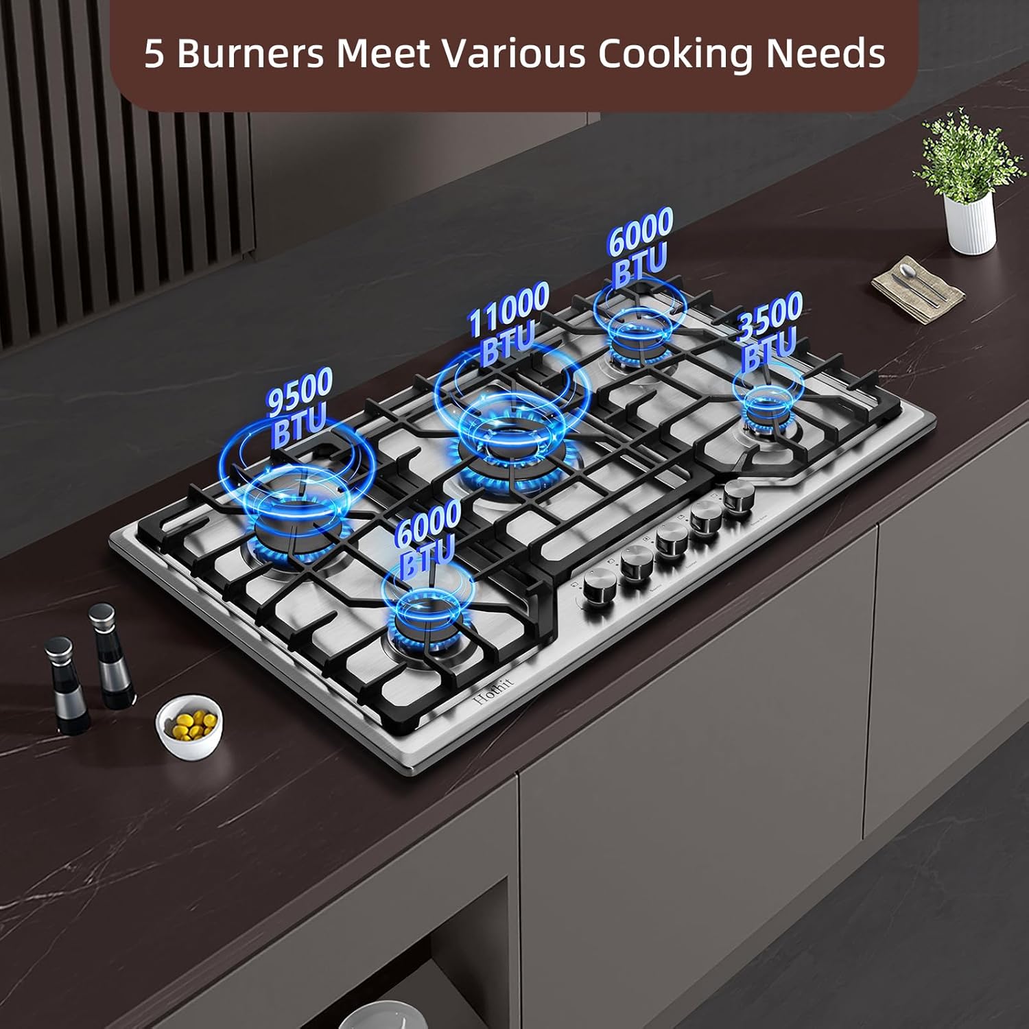 Hothit 5 Burners 36 inch Gas Cooktop, Stainless Steel Gas Range Top, Gas Cooker Stove Propane Gas/Natural Gas Convertible AHT36IN10S-SDKP - Image 2
