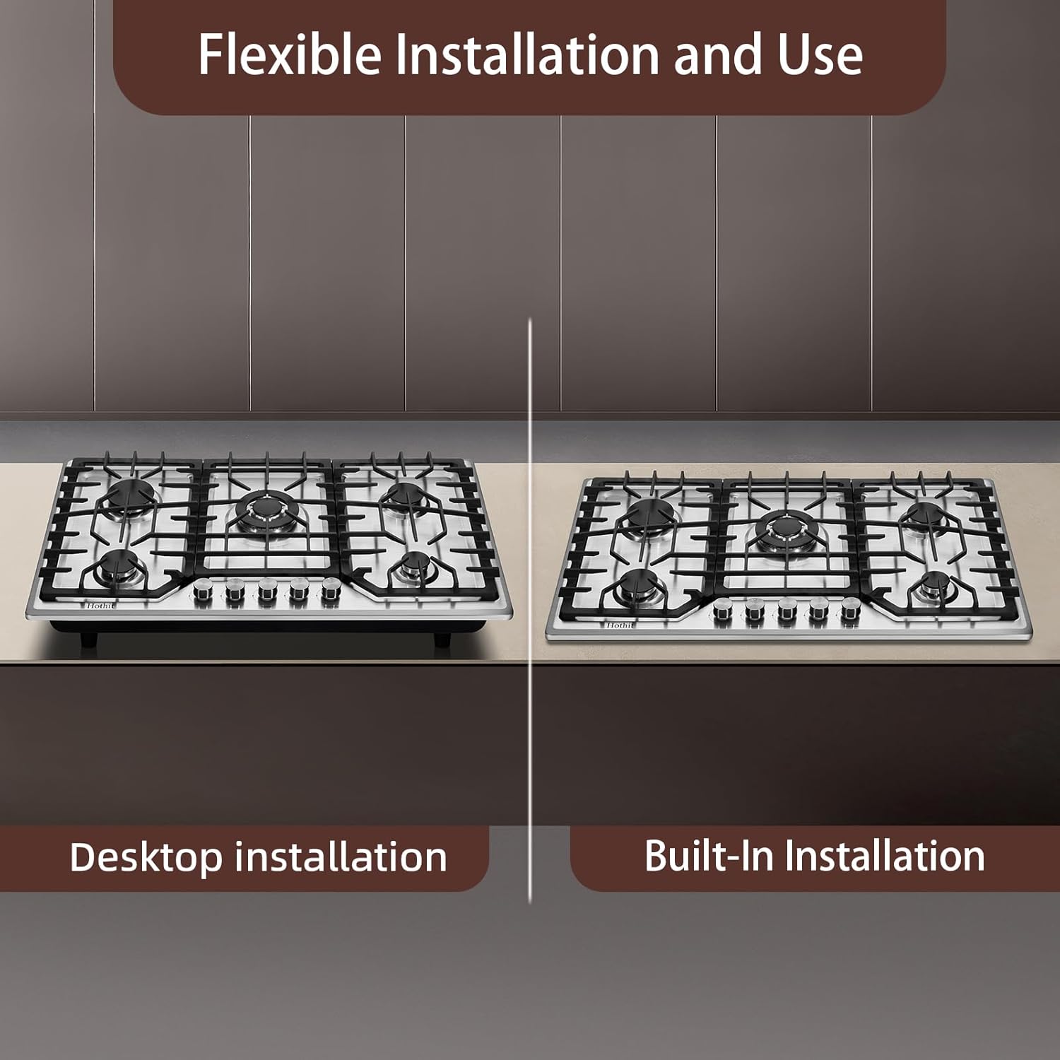 Hothit 5 Burners 36 inch Gas Cooktop, Stainless Steel Gas Range Top, Gas Cooker Stove Propane Gas/Natural Gas Convertible AHT36IN10S-SDKP - Image 3