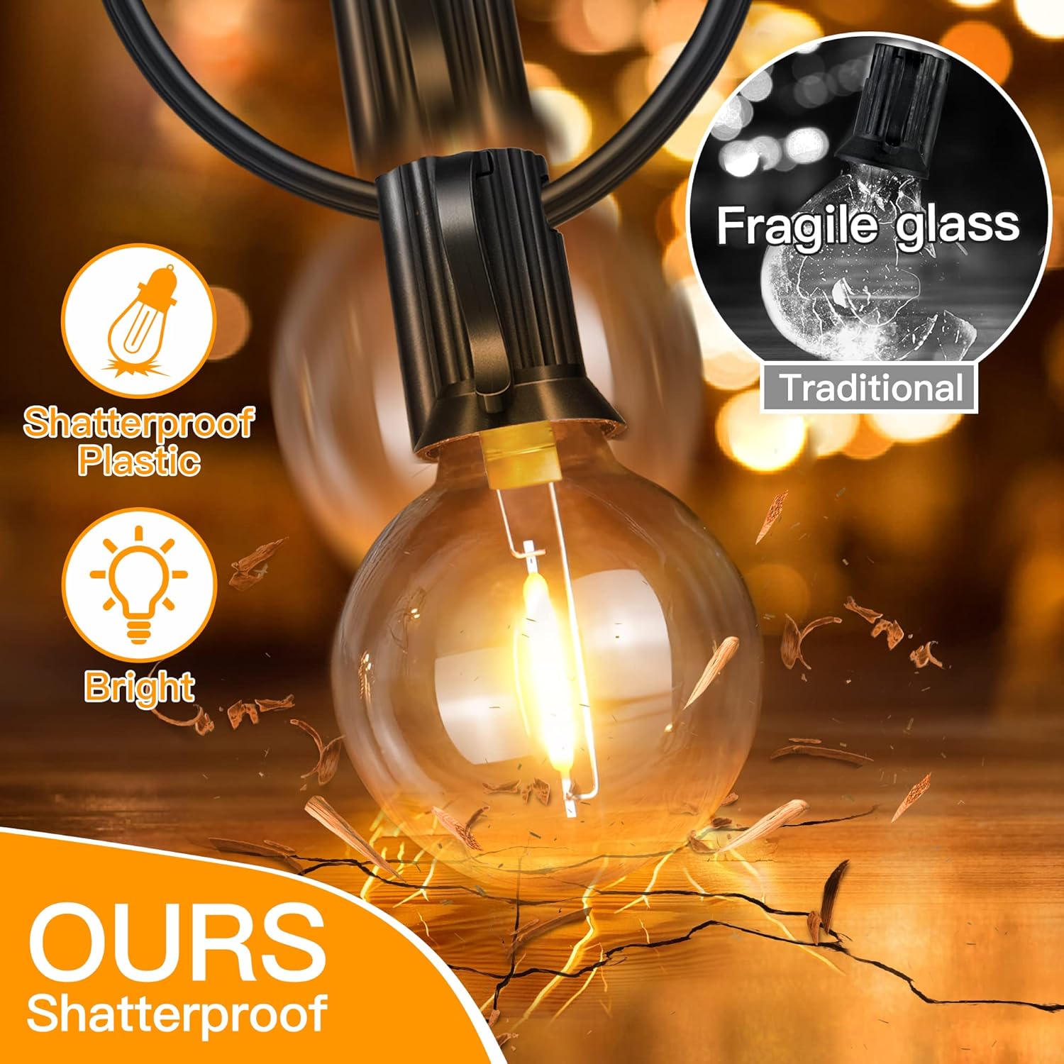 Ollny 25FT Outdoor String Lights, Waterproof Connectable Shatterproof Outside Light with 13 Edison + 1 Spare LED Bulbs Plug in, Patio Lights for Indoor Balcony Porch Camping Deck - Image 3