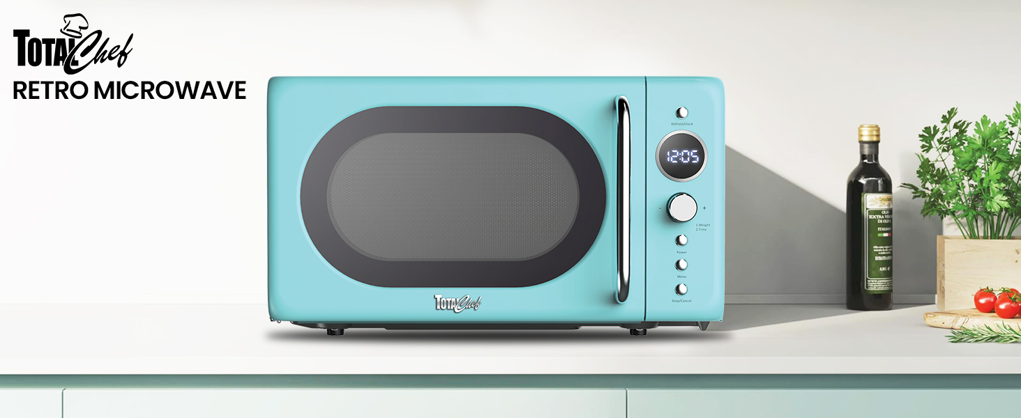 Total Chef retro microwave, closed, on a white countertop