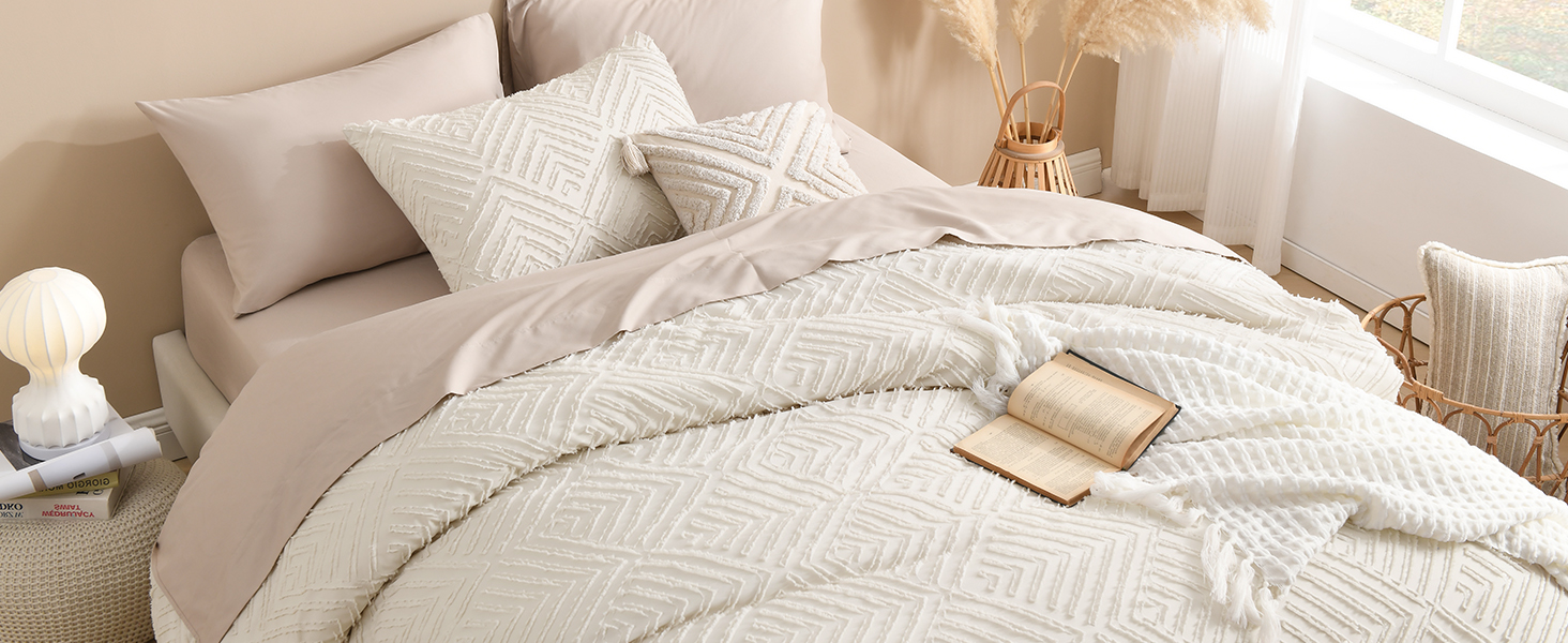 beige boho comforter set tufted design