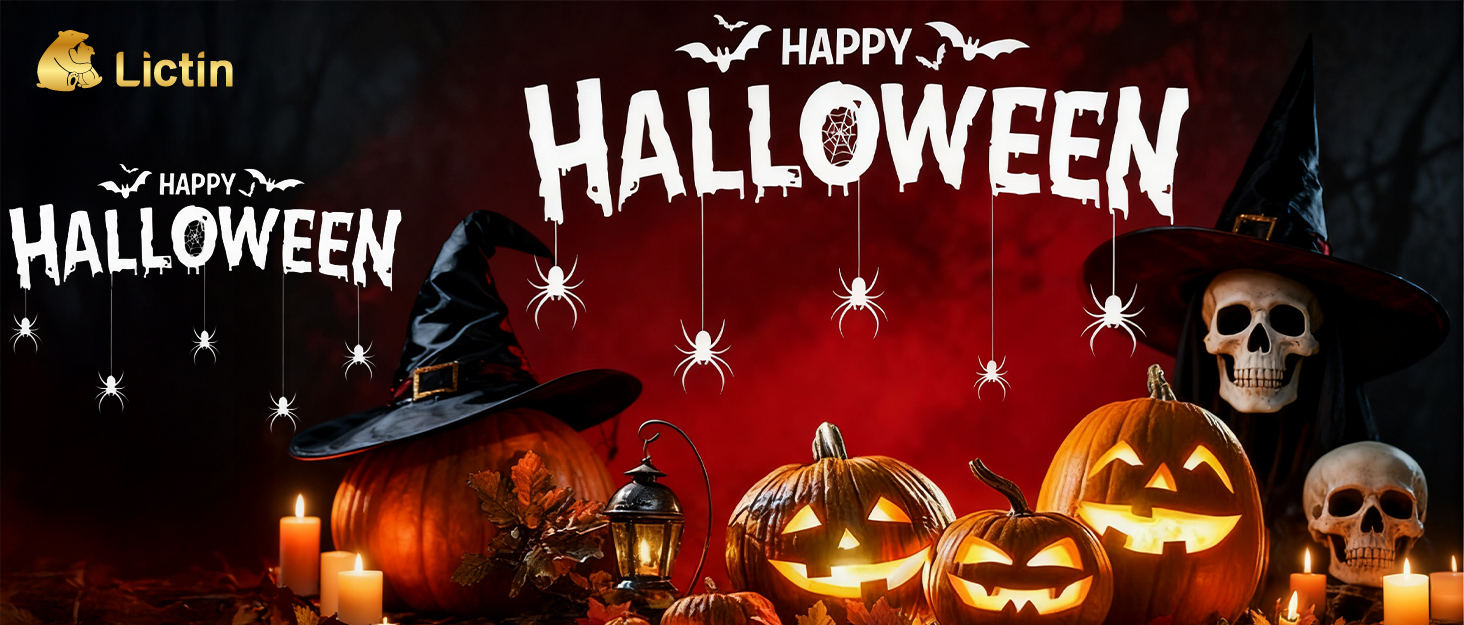Text reads 'HAPPY HALLOWEEN'. Dark themed banner featuring illuminated jack-o'-lanterns and skull decorations against black background with dramatic lighting.