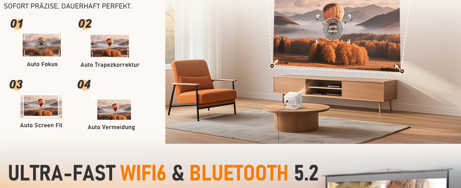 Text reads 'ULTRA-FAST WIFI4 & BLUETOOTH 5.2'. Living room interior scene with leather armchair and wall-mounted TV, numbered product feature callouts.