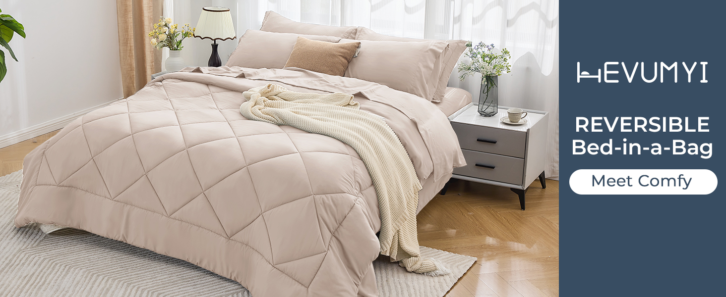 HEVUMYI Comforter Set 7 Pieces, All Season Reversible Bed in a Bag Queen