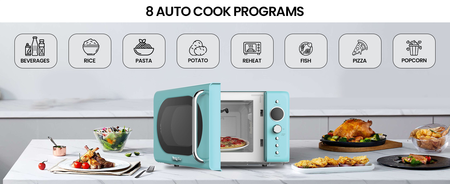 Retro-style teal microwave oven on white counter, surrounded by various dishes. Above, 8 auto-cook program icons display different food types. The microwave features a chrome handle and control panel.