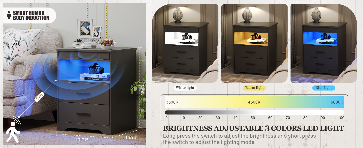 LED bedside table with charging station, 3 color change