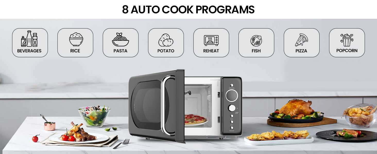 Microwave oven with 8 auto cook programs displayed above, including beverages, rice, pasta, potato, reheat, fish, pizza, and popcorn. Various cooked dishes shown on a white counter.