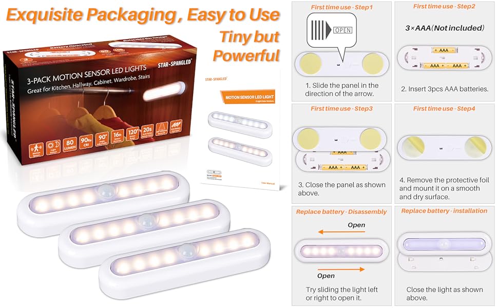 LED Motion Sensor Lights, Stick on Lights, Puck Lights, Closet Lights，Night Lights, STAR-SPANGLED