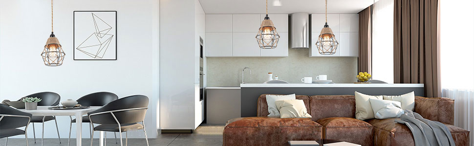 Modern open-plan living space with kitchen, dining area, and living room. Features hanging lights, leather sofa, and large windows with city view.