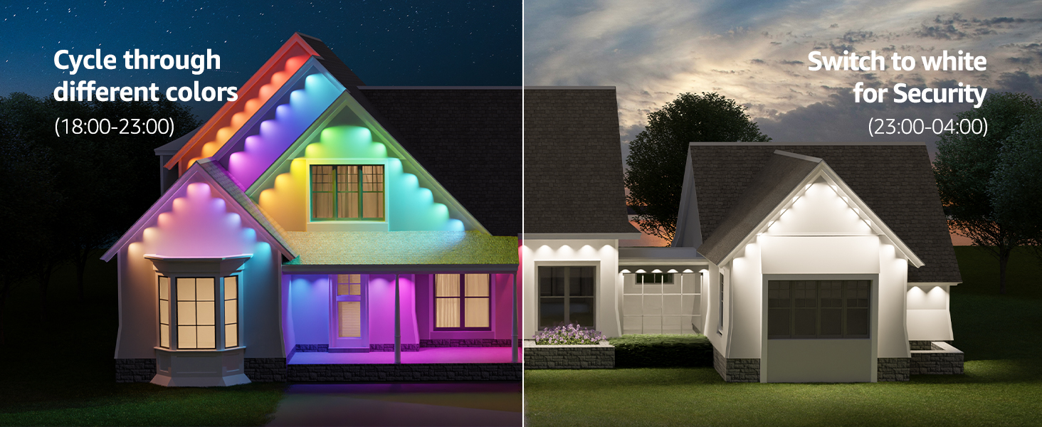 Split image of house exterior: left side shows colorful LED lighting effects, right side shows standard white security lighting.