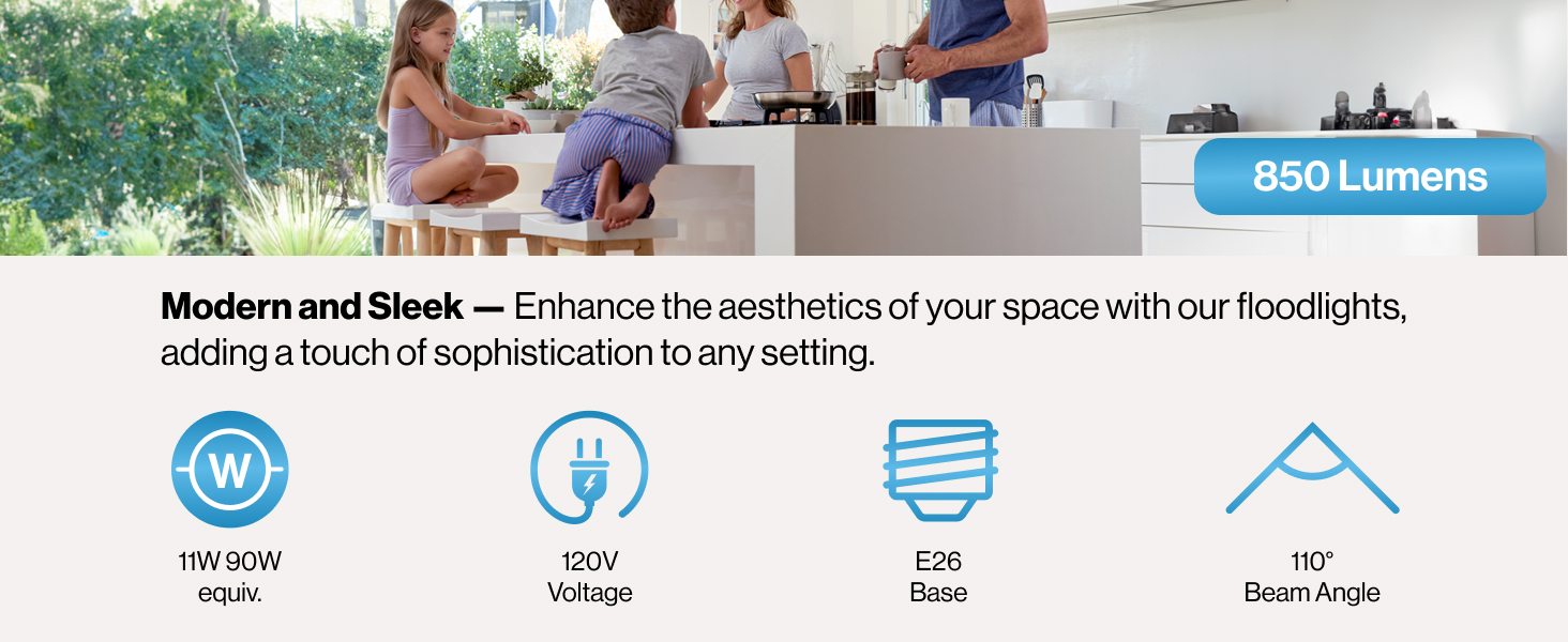 BR30 LED Bulb offers Modern and Sleek design with 11 watts, E26 Base and 110 beam angle. 