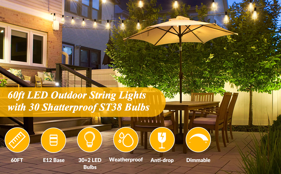 60ft edison outdoor string lights