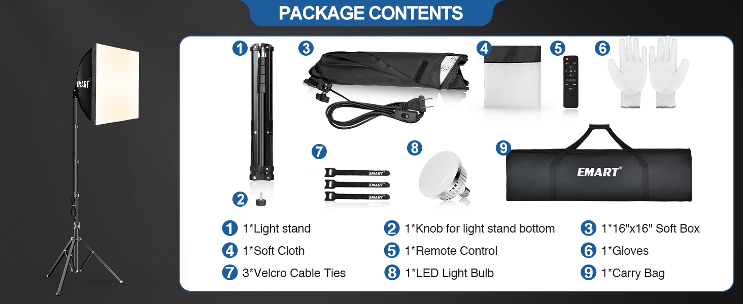 EMART Softbox Lighting Kit, 16"X16" Soft Box, 3000K-6000K 85W LED Bulbs with Remote, 65" Tripod