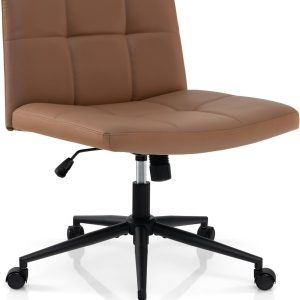 Giantex Criss Cross Chair with Wheels, PU Leather Cross Legged Office Chair, Height-Adjustable Swivel Vanity Chair with U-Shaped Seat, Armless Wide Desk Chair for Home, Office, Make Up, Brown