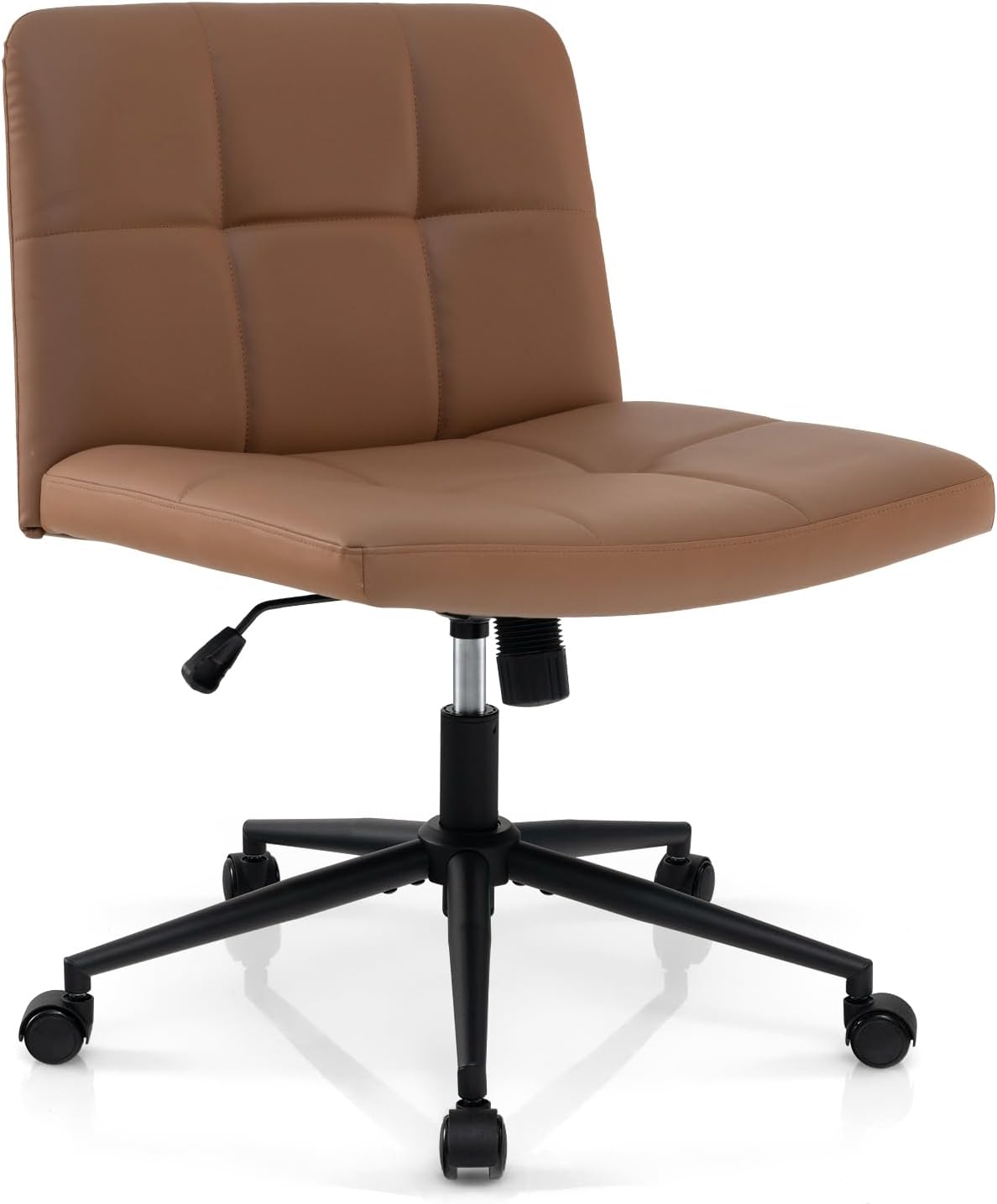 Giantex Criss Cross Chair with Wheels, PU Leather Cross Legged Office Chair, Height-Adjustable Swivel Vanity Chair with U-Shaped Seat, Armless Wide Desk Chair for Home, Office, Make Up, Brown