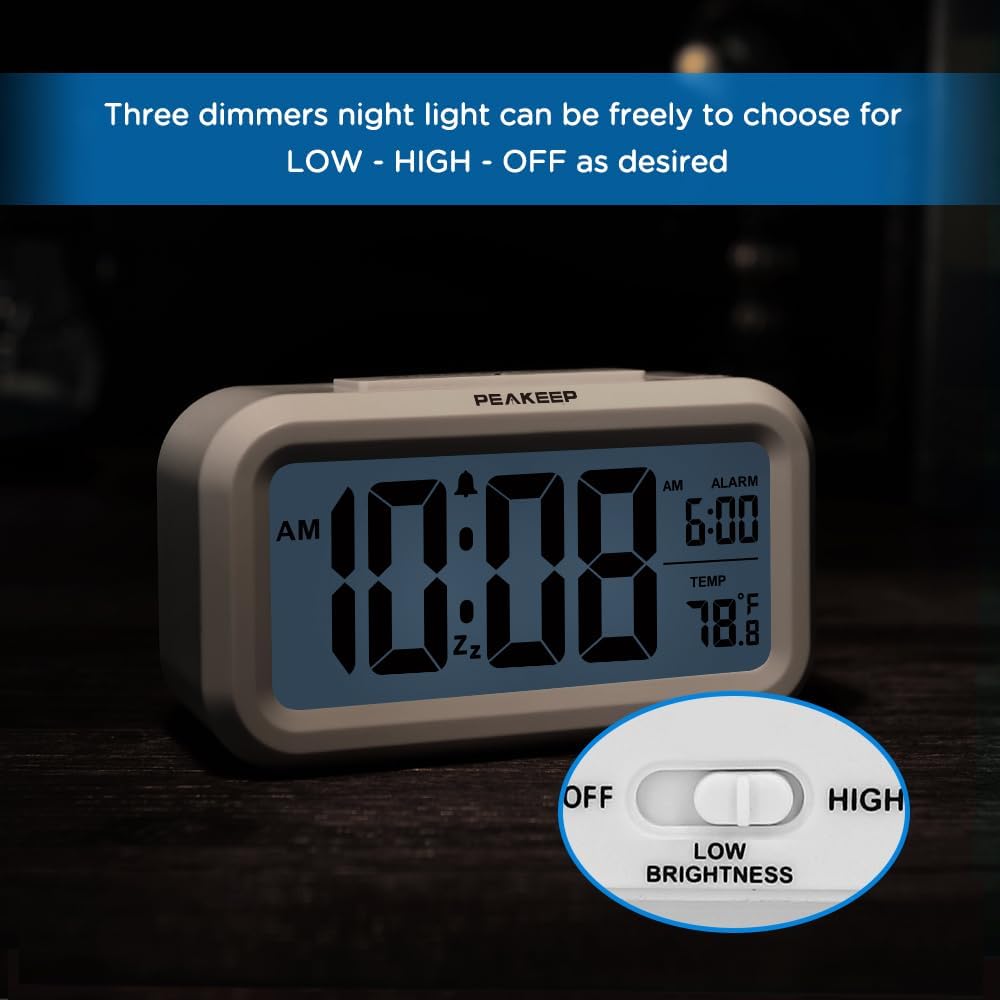 Peakeep Night Light Digital Alarm Clock Battery Operated with Indoor Temperature, Desk Small Clock (White) - Image 6
