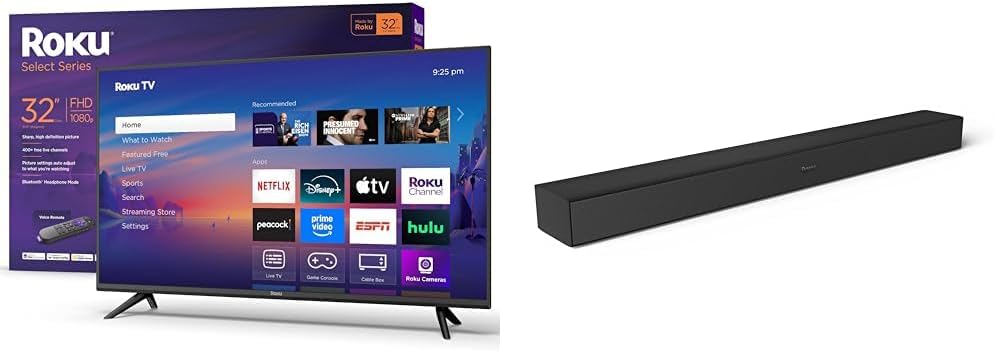 Bundle of Roku Smart TV 2025 – 32-Inch Select Series, 1080p Full HD TV TV with Voice Remote + Roku TV Wireless Soundbar, Soundbar Exclusively for RokuTV with Enhanced Stereo Sound