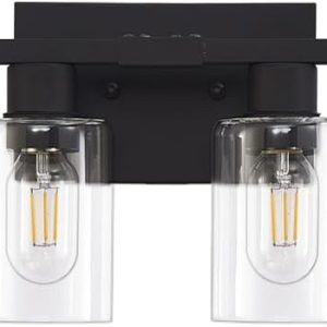 6 Light Bathroom Vanity Light, Matte Black Vanity Light Fixtures, Large Vanity Lights for Bathroom, Farmhouse Light Fixtures with Clear Glass Shade for Bathroom Over Mirror