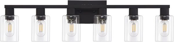 6 Light Bathroom Vanity Light, Matte Black Vanity Light Fixtures, Large Vanity Lights for Bathroom, Farmhouse Light Fixtures with Clear Glass Shade for Bathroom Over Mirror