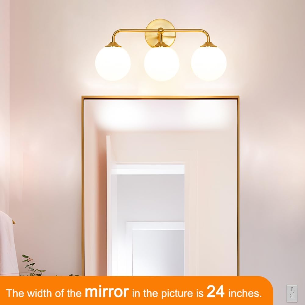 Modern Brushed Gold 3-Lights Vanity Light Fixtures with Milky White Glass Ball Shades, Mid Century Brass Wall Sconce Lighting Fixtures over Mirror, Wall Sconces for Bathroom Dressing Table Bedroom - Image 2