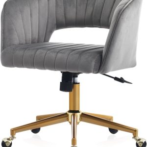 Vanity Chair with Back 360 Swivel Armchair and Gold Base, Criss Cross Chair with Wheels for Vanity Home Office, Living Room, Bedroom and Study (Grey)