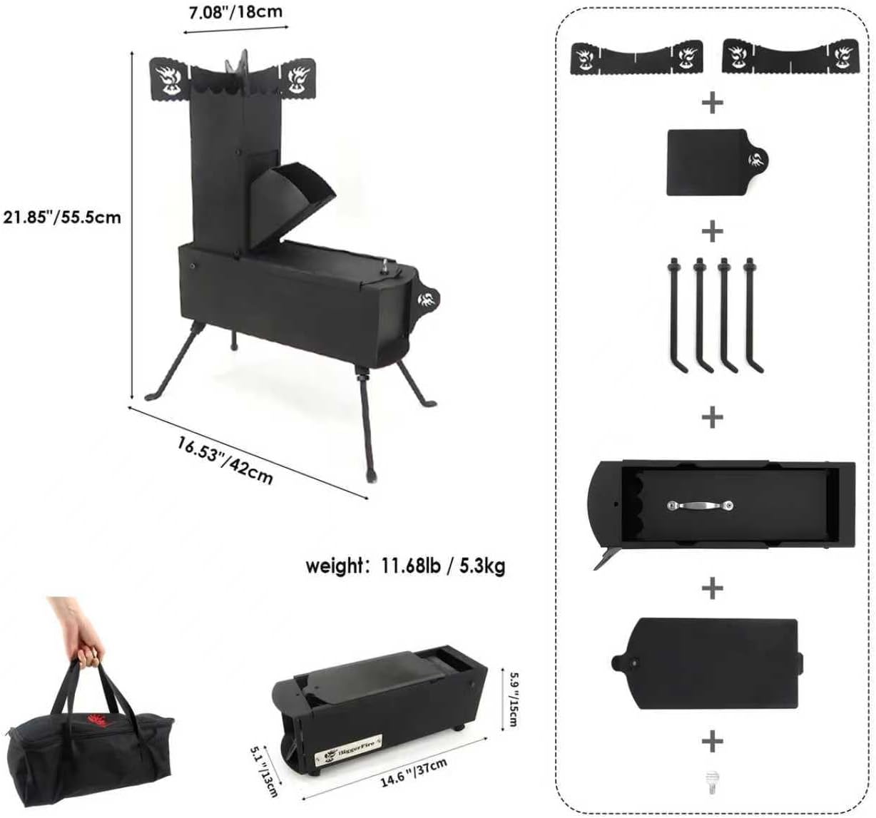 Rocket Stove Portable Folding Wood Burning Camping Stove for Outdoor Cooking, Picnic, BBQ, Hunting, Fishing, Cast Steel Pocket Rocket Stove with Carrying Bag - Image 7