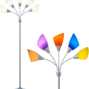 Medusa Floor Lamp, Multi Head 5 Light Floor Lamps for Living Room with 10 Lampshade, Adjustable Gooseneck Reading Standing Lamp for Bedroom,Office,Kids,Classroom (Sliver)