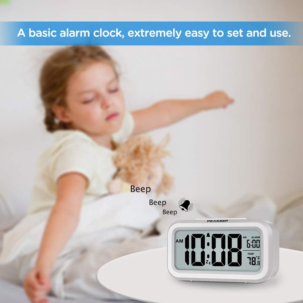 Peakeep Night Light Digital Alarm Clock Battery Operated with Indoor Temperature, Desk Small Clock (White) - Image 2