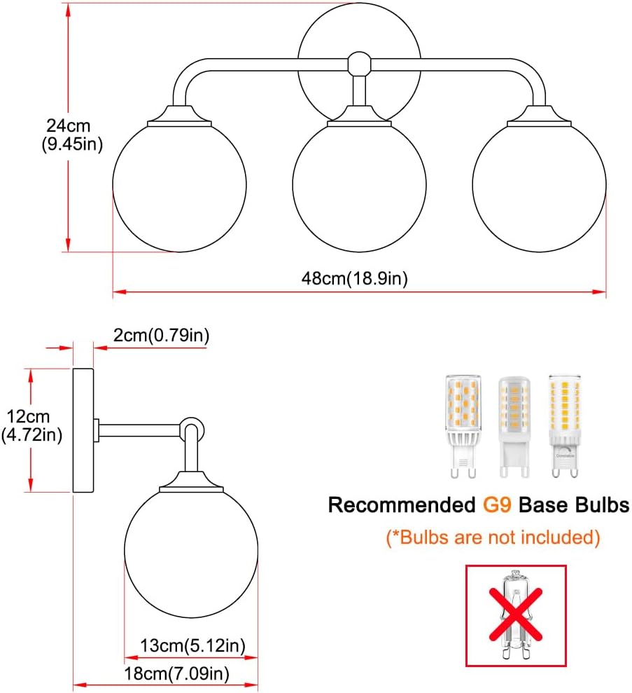 Modern Brushed Gold 3-Lights Vanity Light Fixtures with Milky White Glass Ball Shades, Mid Century Brass Wall Sconce Lighting Fixtures over Mirror, Wall Sconces for Bathroom Dressing Table Bedroom - Image 7