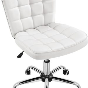 Yaheetech Armless Desk Chair Modern Tufted Office Chair Faux Leather Upholstered Computer Chair with Adjustable Seat Height and Rolling Wheels for Home/Office, White