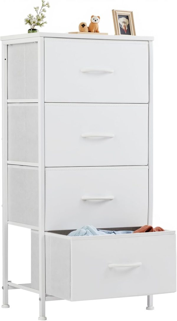 Sweetcrispy Nightstand Small Bedroom Dresser with 4 Fabric Drawers, Bed Side Furniture End Table, Wooden Top Cabinet Night Stand Dresser for Closet, Entryway, Dorm
