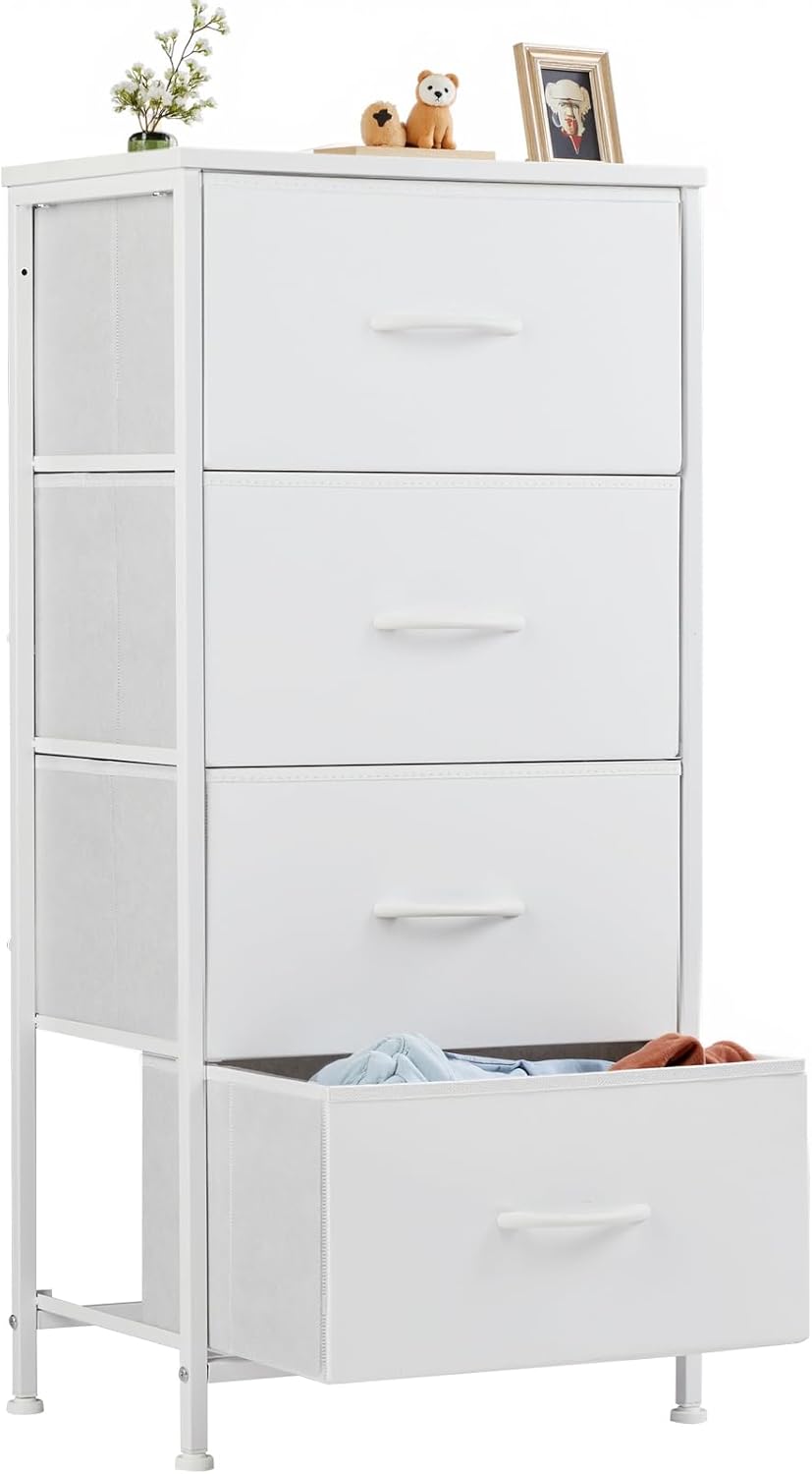 Sweetcrispy Nightstand Small Bedroom Dresser with 4 Fabric Drawers, Bed Side Furniture End Table, Wooden Top Cabinet Night Stand Dresser for Closet, Entryway, Dorm