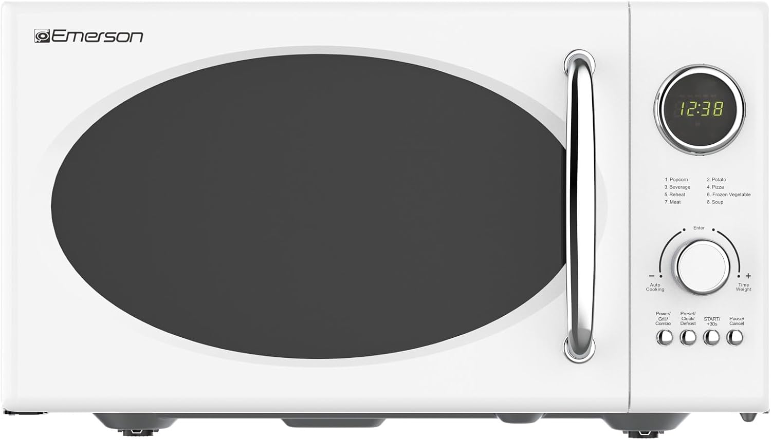 Emerson MWRG0901W 0.9 Cu. Ft. Retro Microwave with 1,000W Grill Function, 800W Cooking Power, LED Display, 5 Power Levels, 8 Auto Menus, Glass Turntable, Child Lock, White Countertop Design - Image 2