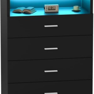 Dresser with Power Outlets and LED Lights Wooden 4 Drawer Dresser with Large Organizer Tall Black Drawer for Bedroom Modern Chest of Drawers Closet for Living Room Kids Room
