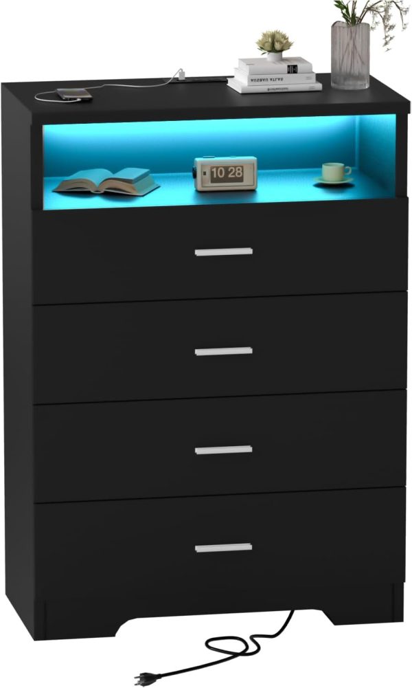 Dresser with Power Outlets and LED Lights Wooden 4 Drawer Dresser with Large Organizer Tall Black Drawer for Bedroom Modern Chest of Drawers Closet for Living Room Kids Room