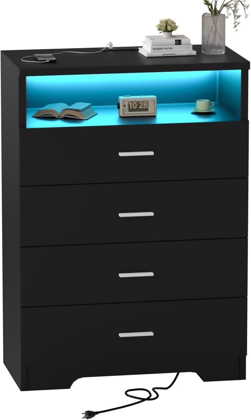 Dresser with Power Outlets and LED Lights Wooden 4 Drawer Dresser with Large Organizer Tall Black Drawer for Bedroom Modern Chest of Drawers Closet for Living Room Kids Room