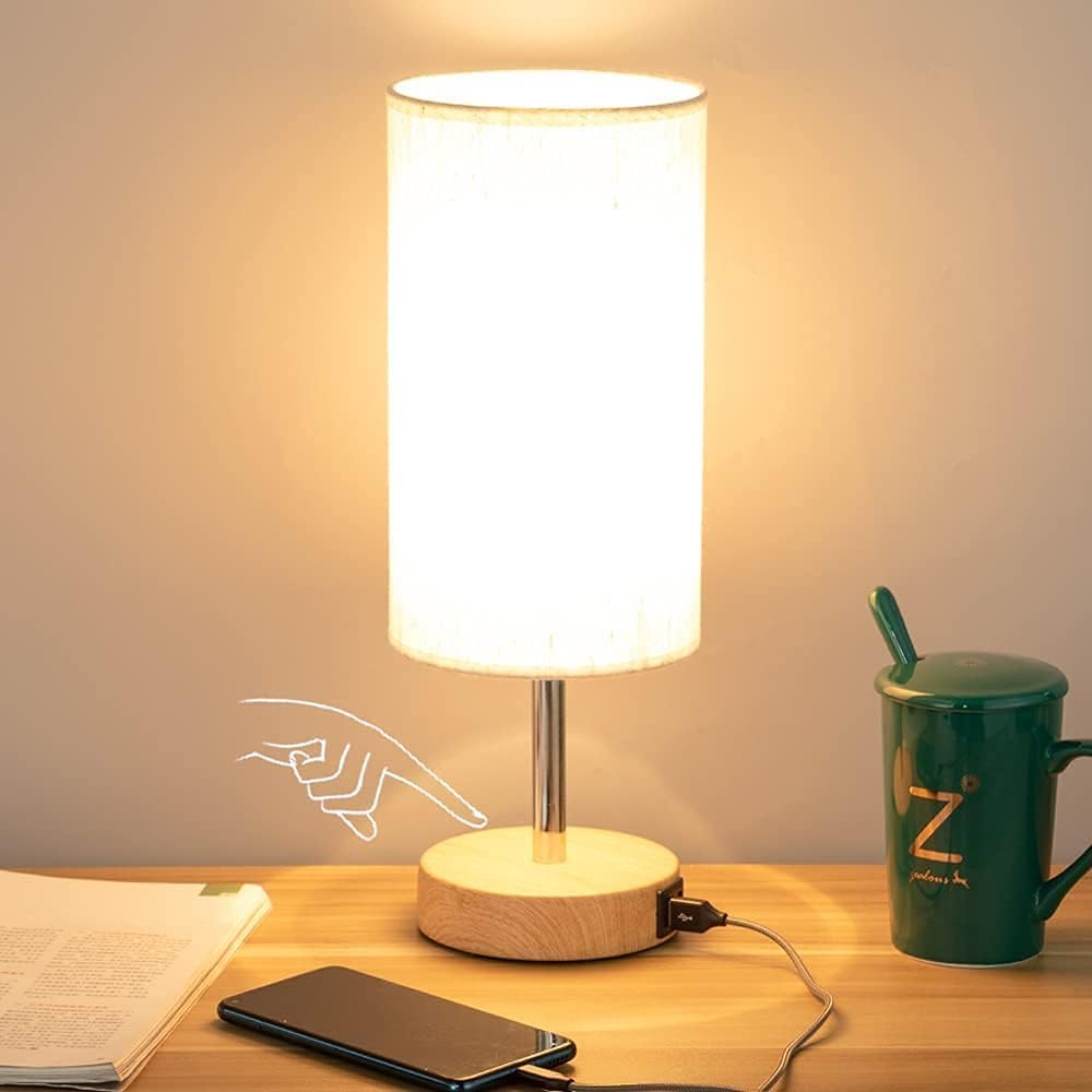 Yarra-Decor Bedside Table Lamp with USB Port – Touch Control for Bedroom Wood 3 Way Dimmable Nightstand Lamp with Round Flaxen Fabric Shade for Living Room, Dorm, Home Office (LED Bulb Included)