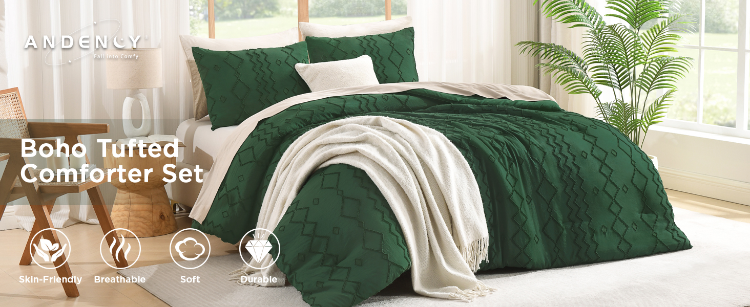 Dark Emerald Green Boho Comforter Set